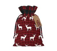 ZhaoYuGoods Buffalo Plaid Deer Christmas Drawstring Gift Bag, Reusable Bags for Gifts, Holiday Presents with Tag