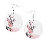 ZhaoYuGoods Cherry Blossom Tree Branch Round Earrings in PVC Leather | Print Lightweight Circle Drop Earrings with Silver-Plated 925 Hooks