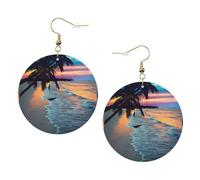 ZhaoYuGoods Coconut Beach Sunset Hammock Round Earrings in PVC Leather | Print Lightweight Circle Drop Earrings with Silver-Plated 925 Hooks