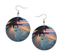 ZhaoYuGoods Coconut Beach Sunset Hammock Round Earrings in PVC Leather | Print Lightweight Circle Drop Earrings with Silver-Plated 925 Hooks