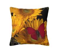 ZhaoYuGoods Decorative Pillow Cover, Cute Yellow Sunflowers with Red Butterfly Print, Double-Sided Design, Polyester