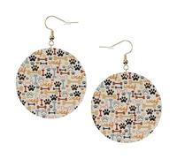 ZhaoYuGoods Dog Bones Paw Prints Round Earrings in PVC Leather | Print Lightweight Circle Drop Earrings with Silver-Plated 925 Hooks