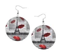 ZhaoYuGoods Eiffel Tower with Red Umbrella Round Earrings in PVC Leather | Print Lightweight Circle Drop Earrings with Silver-Plated 925 Hooks