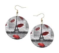 ZhaoYuGoods Eiffel Tower with Red Umbrella Round Earrings in PVC Leather | Print Lightweight Circle Drop Earrings with Silver-Plated 925 Hooks