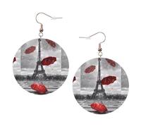 ZhaoYuGoods Eiffel Tower with Red Umbrella Round Earrings in PVC Leather | Print Lightweight Circle Drop Earrings with Silver-Plated 925 Hooks