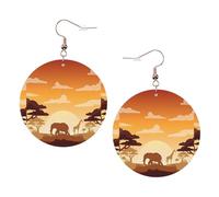 ZhaoYuGoods Elephant and Giraffe in The Sunset Round Earrings in PVC Leather | Print Lightweight Circle Drop Earrings with Silver-Plated 925 Hooks