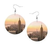 ZhaoYuGoods Empire State Building Round Earrings in PVC Leather | Print Lightweight Circle Drop Earrings with Silver-Plated 925 Hooks