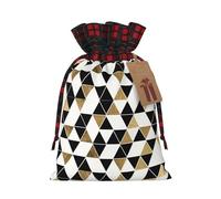 ZhaoYuGoods Fashion Modern Black White Gold Triangles Christmas Drawstring Gift Bag, Reusable Bags for Gifts, Holiday Presents with Tag