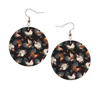 ZhaoYuGoods French Roosters Round Earrings in PVC Leather | Print Lightweight Circle Drop Earrings with Silver-Plated 925 Hooks