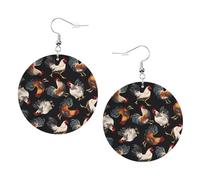 ZhaoYuGoods French Roosters Round Earrings in PVC Leather | Print Lightweight Circle Drop Earrings with Silver-Plated 925 Hooks