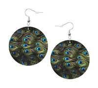 ZhaoYuGoods Fresh peacock Round Earrings in PVC Leather | Print Lightweight Circle Drop Earrings with Silver-Plated 925 Hooks