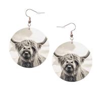 ZhaoYuGoods Funny Highland Cow Round Earrings in PVC Leather | Print Lightweight Circle Drop Earrings with Silver-Plated 925 Hooks