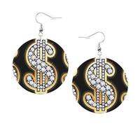 ZhaoYuGoods gold dollar sign Round Earrings in PVC Leather | Print Lightweight Circle Drop Earrings with Silver-Plated 925 Hooks