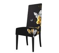 ZhaoYuGoods Gold White Butterflies Black Print Dining Room Chair Covers, Funny Stretch Removable Washable Chair Slipcovers for Home Hotel Party Decor