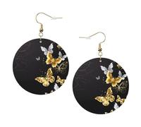 ZhaoYuGoods Gold White Butterflies Black Round Earrings in PVC Leather | Print Lightweight Circle Drop Earrings with Silver-Plated 925 Hooks