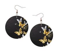 ZhaoYuGoods Gold White Butterflies Black Round Earrings in PVC Leather | Print Lightweight Circle Drop Earrings with Silver-Plated 925 Hooks
