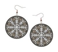ZhaoYuGoods helm of awe Round Earrings in PVC Leather | Print Lightweight Circle Drop Earrings with Silver-Plated 925 Hooks