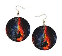 ZhaoYuGoods Ice and Fire Guitar Round Earrings in PVC Leather | Print Lightweight Circle Drop Earrings with Silver-Plated 925 Hooks