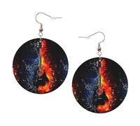 ZhaoYuGoods Ice and Fire Guitar Round Earrings in PVC Leather | Print Lightweight Circle Drop Earrings with Silver-Plated 925 Hooks