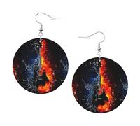 ZhaoYuGoods Ice and Fire Guitar Round Earrings in PVC Leather | Print Lightweight Circle Drop Earrings with Silver-Plated 925 Hooks