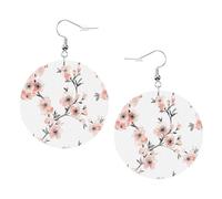 ZhaoYuGoods Light Coral Cherry Blossom Round Earrings in PVC Leather | Print Lightweight Circle Drop Earrings with Silver-Plated 925 Hooks