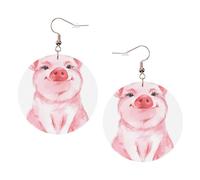 ZhaoYuGoods Lovely Pink Pig Round Earrings in PVC Leather | Print Lightweight Circle Drop Earrings with Silver-Plated 925 Hooks