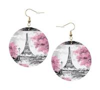 ZhaoYuGoods Oil Painting Paris Eiffel Tower Round Earrings in PVC Leather | Print Lightweight Circle Drop Earrings with Silver-Plated 925 Hooks