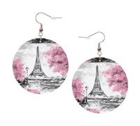 ZhaoYuGoods Oil Painting Paris Eiffel Tower Round Earrings in PVC Leather | Print Lightweight Circle Drop Earrings with Silver-Plated 925 Hooks