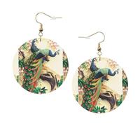 ZhaoYuGoods Oriental Peacock on Flower Tree Round Earrings in PVC Leather | Print Lightweight Circle Drop Earrings with Silver-Plated 925 Hooks