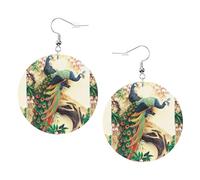 ZhaoYuGoods Oriental Peacock on Flower Tree Round Earrings in PVC Leather | Print Lightweight Circle Drop Earrings with Silver-Plated 925 Hooks