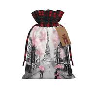 ZhaoYuGoods Paris Street Eiffel Tower Pink Floral Christmas Drawstring Gift Bag, Reusable Bags for Gifts, Holiday Presents with Tag
