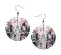 ZhaoYuGoods Paris Street Eiffel Tower Pink Floral Round Earrings in PVC Leather | Print Lightweight Circle Drop Earrings with Silver-Plated 925 Hooks