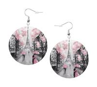 ZhaoYuGoods Paris Street Eiffel Tower Pink Floral Round Earrings in PVC Leather | Print Lightweight Circle Drop Earrings with Silver-Plated 925 Hooks