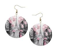 ZhaoYuGoods Paris Street Eiffel Tower Pink Floral Round Earrings in PVC Leather | Print Lightweight Circle Drop Earrings with Silver-Plated 925 Hooks