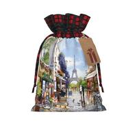 ZhaoYuGoods Paris Street Scene Eiffel Tower Christmas Drawstring Gift Bag, Reusable Bags for Gifts, Holiday Presents with Tag