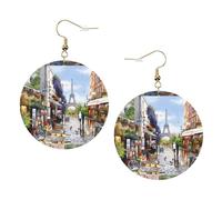 ZhaoYuGoods Paris Street Scene Eiffel Tower Round Earrings in PVC Leather | Print Lightweight Circle Drop Earrings with Silver-Plated 925 Hooks