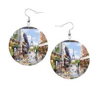 ZhaoYuGoods Paris Street Scene Eiffel Tower Round Earrings in PVC Leather | Print Lightweight Circle Drop Earrings with Silver-Plated 925 Hooks