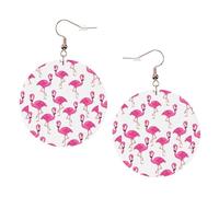 ZhaoYuGoods Pink Flamingo Round Earrings in PVC Leather | Print Lightweight Circle Drop Earrings with Silver-Plated 925 Hooks