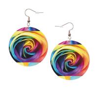 ZhaoYuGoods Rainbow Rose Flower Round Earrings in PVC Leather | Print Lightweight Circle Drop Earrings with Silver-Plated 925 Hooks