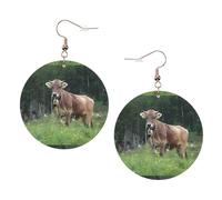 ZhaoYuGoods Real Swiss Cow Brown Round Earrings in PVC Leather | Print Lightweight Circle Drop Earrings with Silver-Plated 925 Hooks