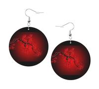 ZhaoYuGoods Red Cherry Blossom Round Earrings in PVC Leather | Print Lightweight Circle Drop Earrings with Silver-Plated 925 Hooks