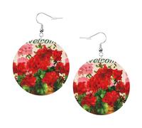 ZhaoYuGoods Red geraniums Round Earrings in PVC Leather | Print Lightweight Circle Drop Earrings with Silver-Plated 925 Hooks