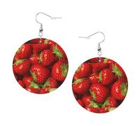 ZhaoYuGoods Red Strawberry Fruit Round Earrings in PVC Leather | Print Lightweight Circle Drop Earrings with Silver-Plated 925 Hooks