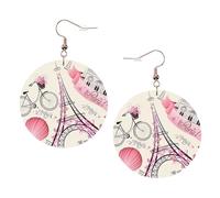 ZhaoYuGoods Romantic Paris Eiffel Tower Bycicle Round Earrings in PVC Leather | Print Lightweight Circle Drop Earrings with Silver-Plated 925 Hooks