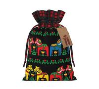 ZhaoYuGoods Runner Swedish Dala Horse Folk Christmas Drawstring Gift Bag, Reusable Bags for Gifts, Holiday Presents with Tag