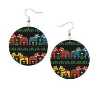 ZhaoYuGoods Runner Swedish Dala Horse Folk Round Earrings in PVC Leather | Print Lightweight Circle Drop Earrings with Silver-Plated 925 Hooks
