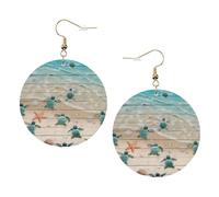ZhaoYuGoods Sea Turtle Starfish Round Earrings in PVC Leather | Print Lightweight Circle Drop Earrings with Silver-Plated 925 Hooks