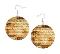 ZhaoYuGoods Vintage Music Note Art Round Earrings in PVC Leather | Print Lightweight Circle Drop Earrings with Silver-Plated 925 Hooks