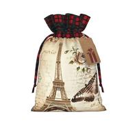 ZhaoYuGoods Vintage Paris Eiffel Tower Butterfly Christmas Drawstring Gift Bag, Reusable Bags for Gifts, Holiday Presents with Tag