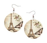 ZhaoYuGoods Vintage Paris Eiffel Tower Butterfly Round Earrings in PVC Leather | Print Lightweight Circle Drop Earrings with Silver-Plated 925 Hooks